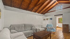 A living room with a wooden ceiling, a sofa, a chair, and a wooden cabinet.