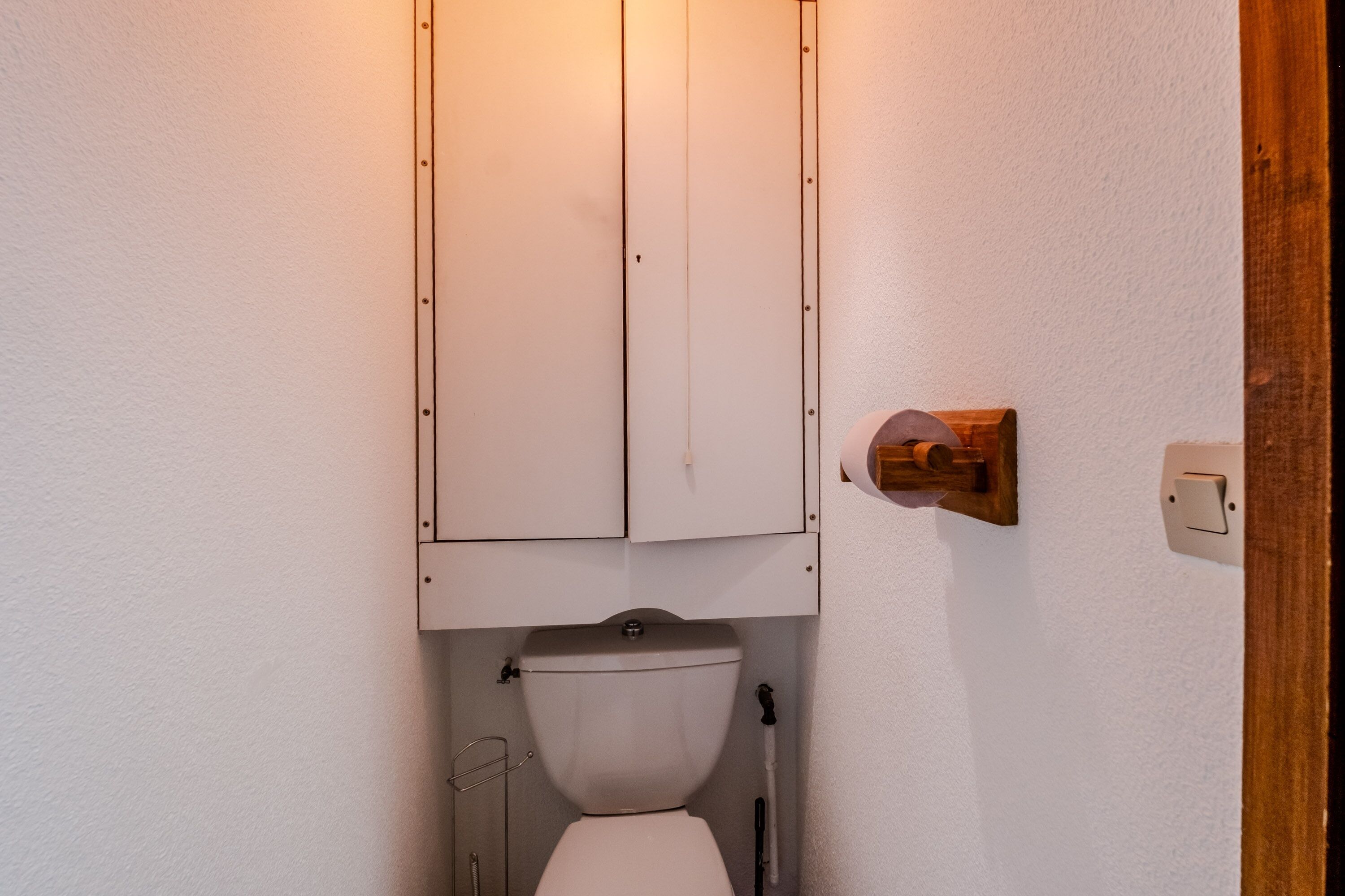 A small, compact bathroom with a toilet, a cabinet above it, and a wooden door.