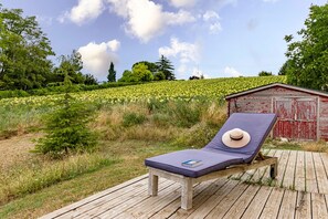 Eine Holzterrasse mit einer Liege und einem kleinen roten Schuppen.
