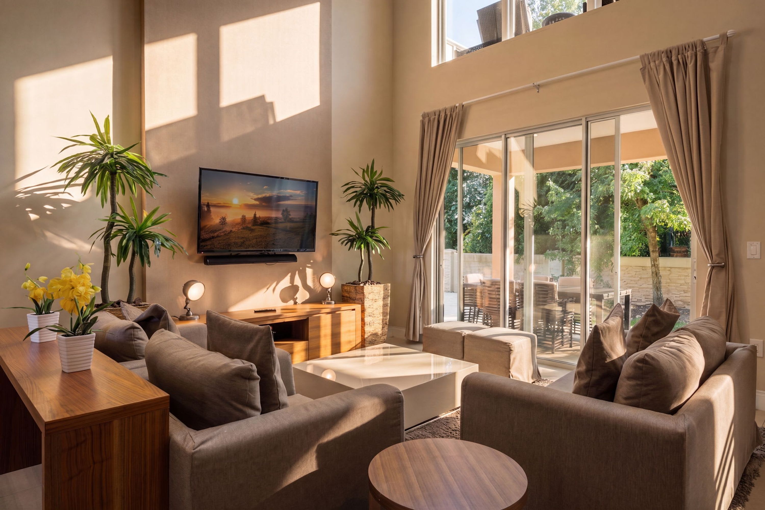 A modern living room with a sofa, coffee table, and a painting on the wall.