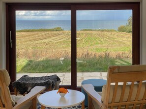 A room with a view of a vineyard and the sea through a glass door. - Fisherman's cottage from 1873 near Bønnerup (Allingåbro)
