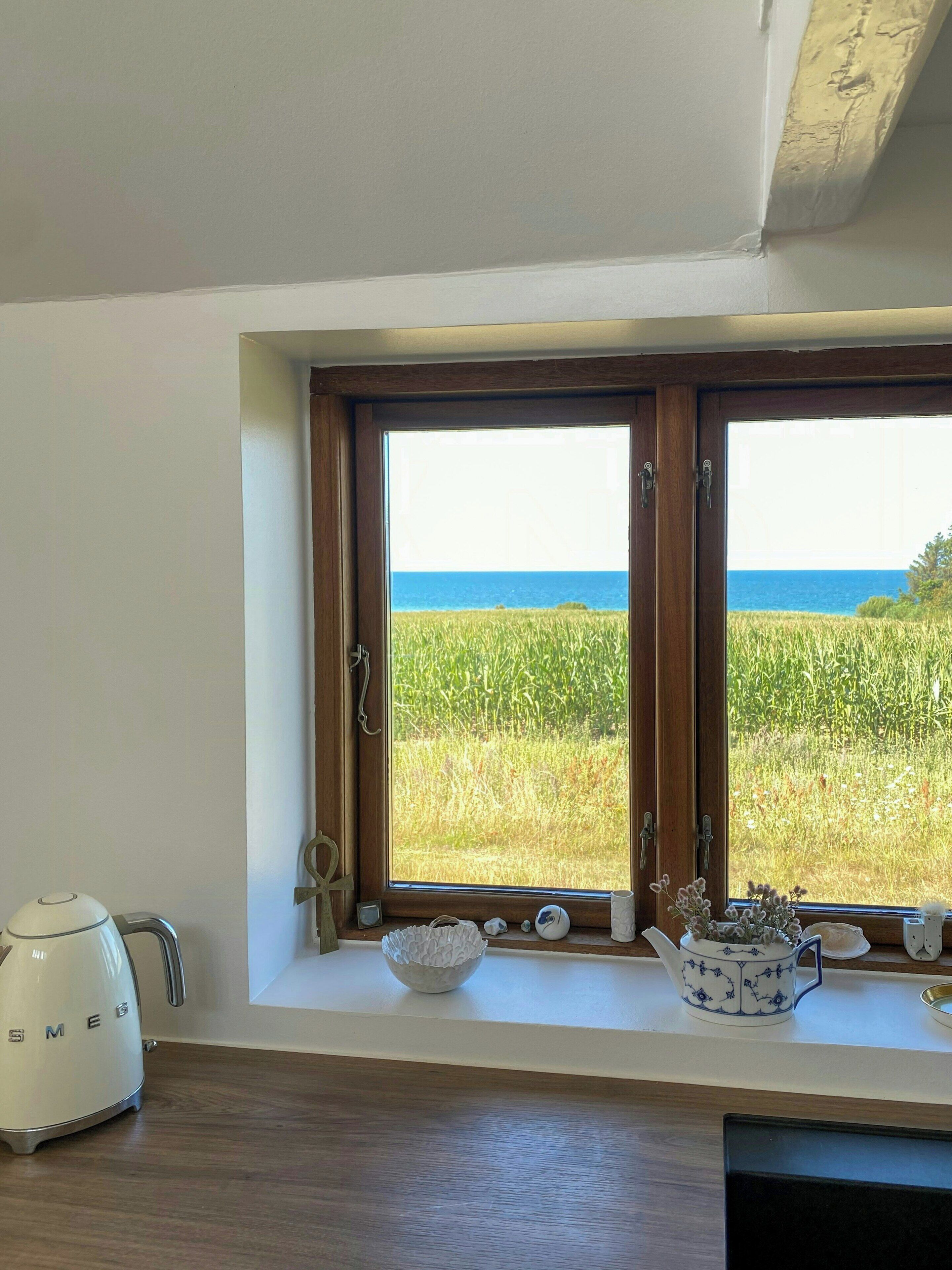 A kitchen with a view of a field and the sea through a window.