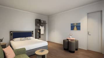 A modern hotel room with a bed, a seating area with a table, a wardrobe, and a painting on the wall.