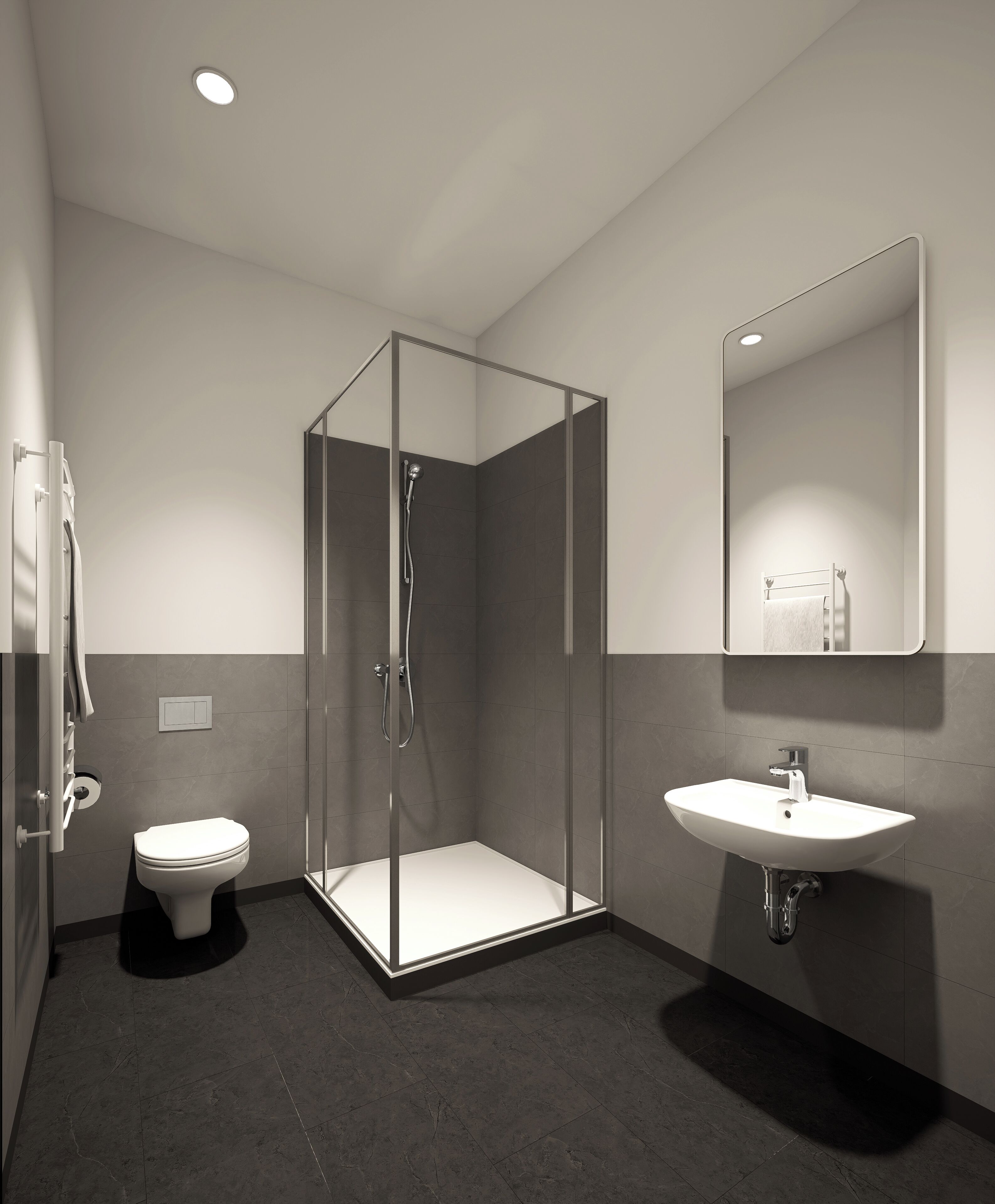 A modern bathroom with a glass-enclosed shower, a white toilet, and a wall-mounted sink.