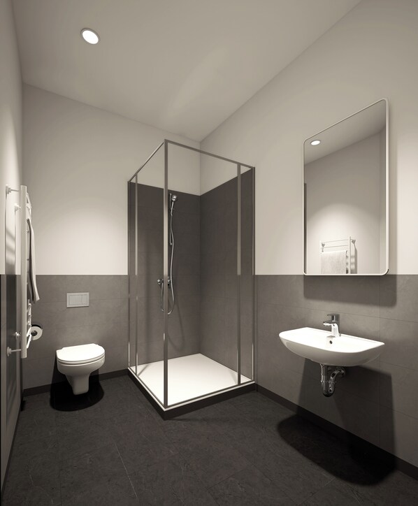 A modern bathroom with a glass-enclosed shower, a white toilet, and a wall-mounted sink. - Homaris Apartments Bonhoefferplatz (Dresden)