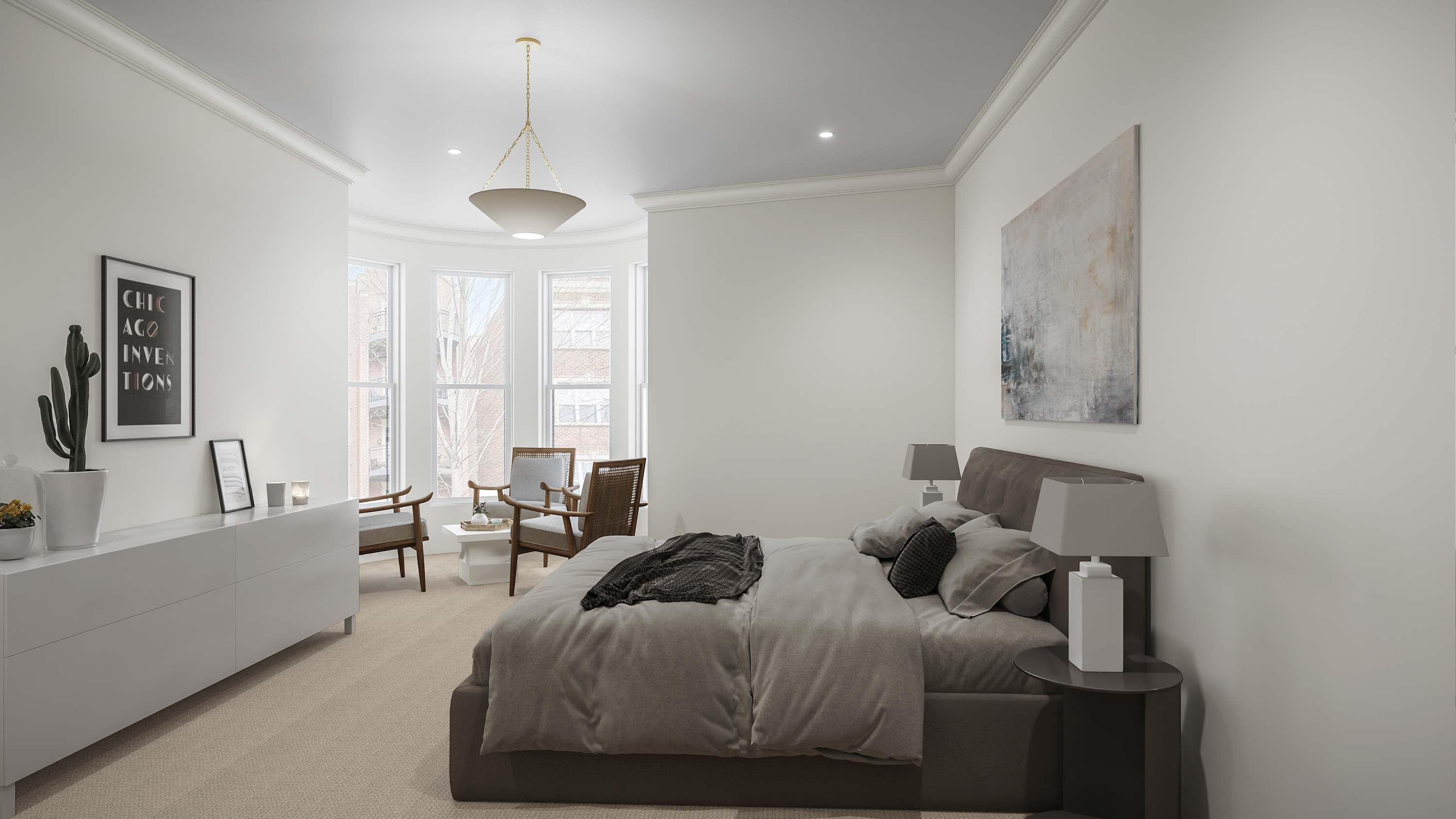 Un dormitorio con cama, mesitas de noche, escritorio, sillas y ventana.