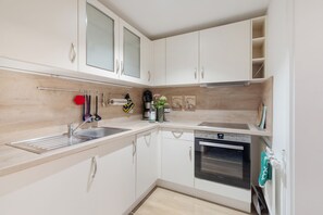 A modern kitchen with white cabinets, a stainless steel sink, a built-in oven, and a dishwasher. - Holiday Apartment "Auszeit" with Private Terrace, Garden, and Wi-Fi (Bad Liebenwerda)