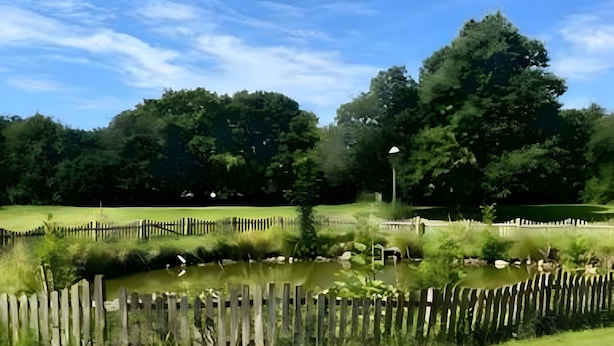 Eine Rasenfläche mit Holzzaun, Teich und Bäumen im Hintergrund.