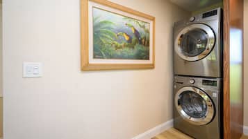 A laundry room with a double stainless steel washer and dryer, a framed painting of a jungle scene, and a light switch on the wall.