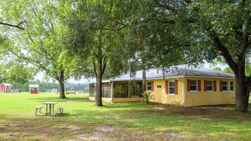 A yellow building with a porch, surrounded by trees and grass.