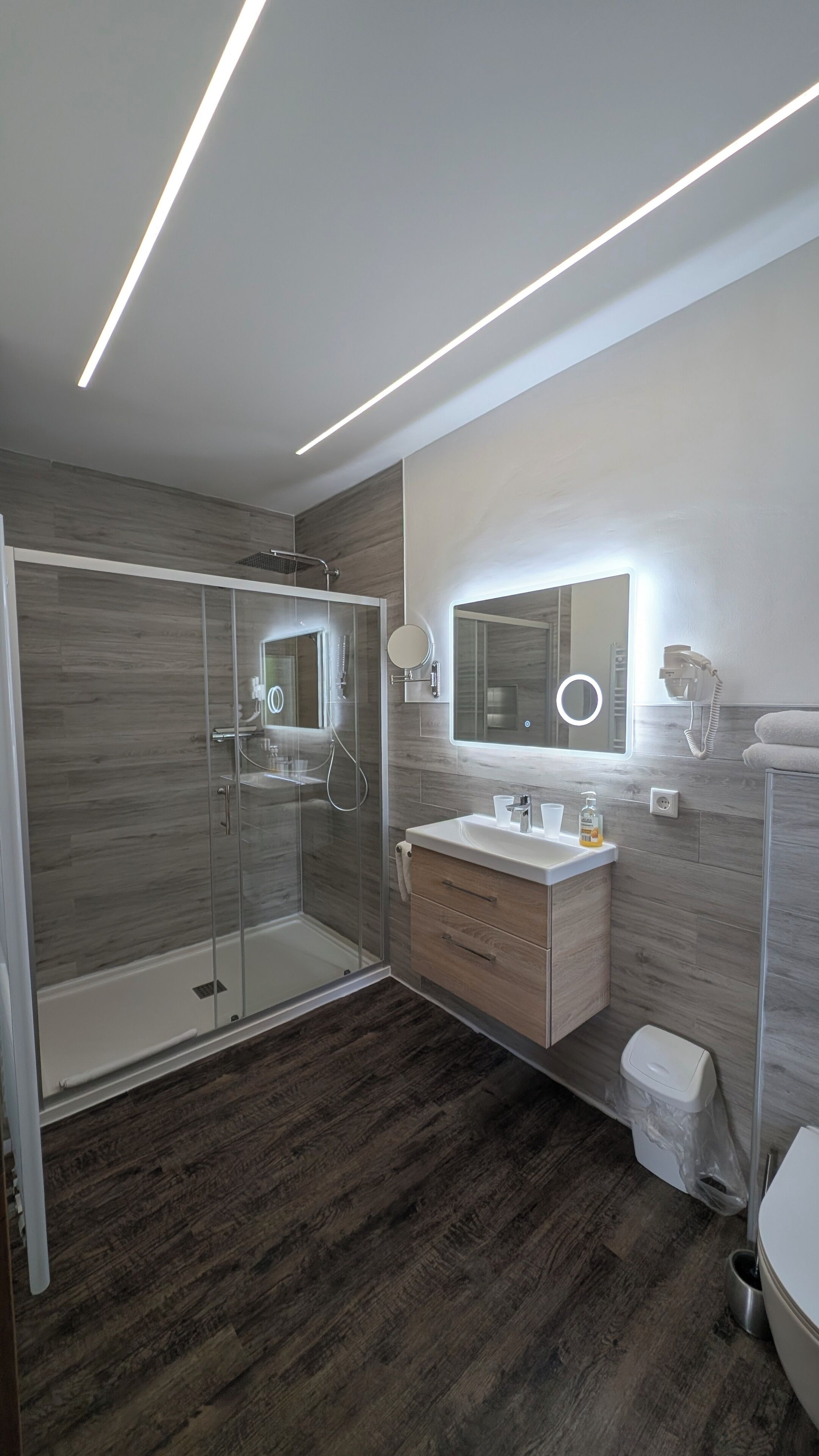Ein modernes Badezimmer mit Duschkabine aus Glas, Waschtisch mit Spiegel und Toilette.