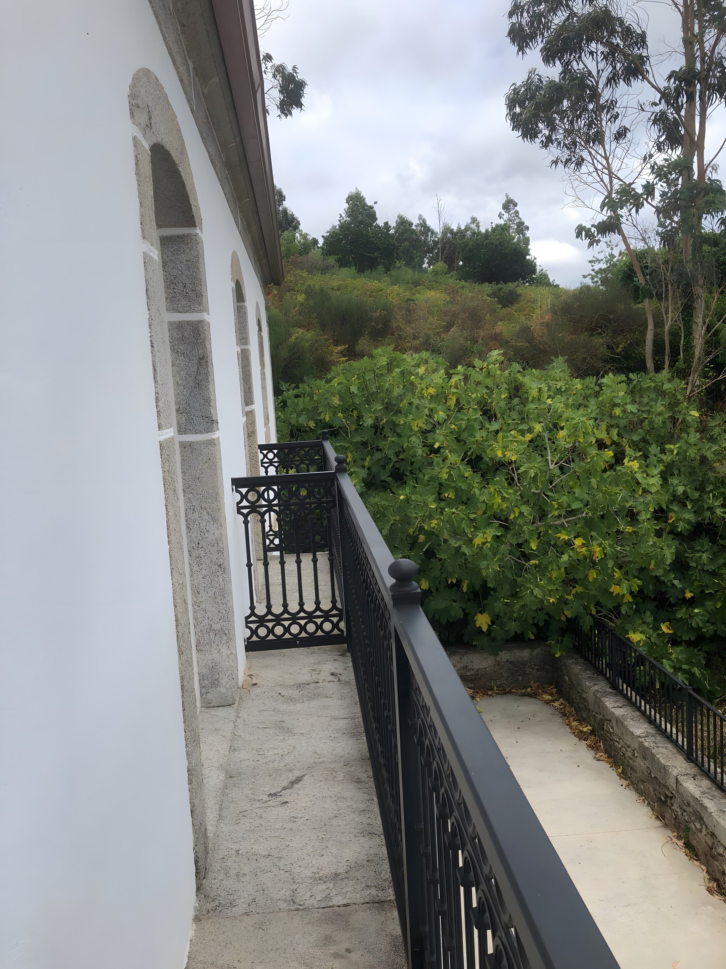 A balcony with a black metal railing, a white building with stone accents, and a lush green hedge in the background.
