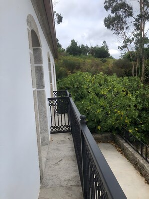 Uma varanda com guarda-corpo de metal preto, um edifício branco com detalhes em pedra e uma sebe verde exuberante ao fundo.