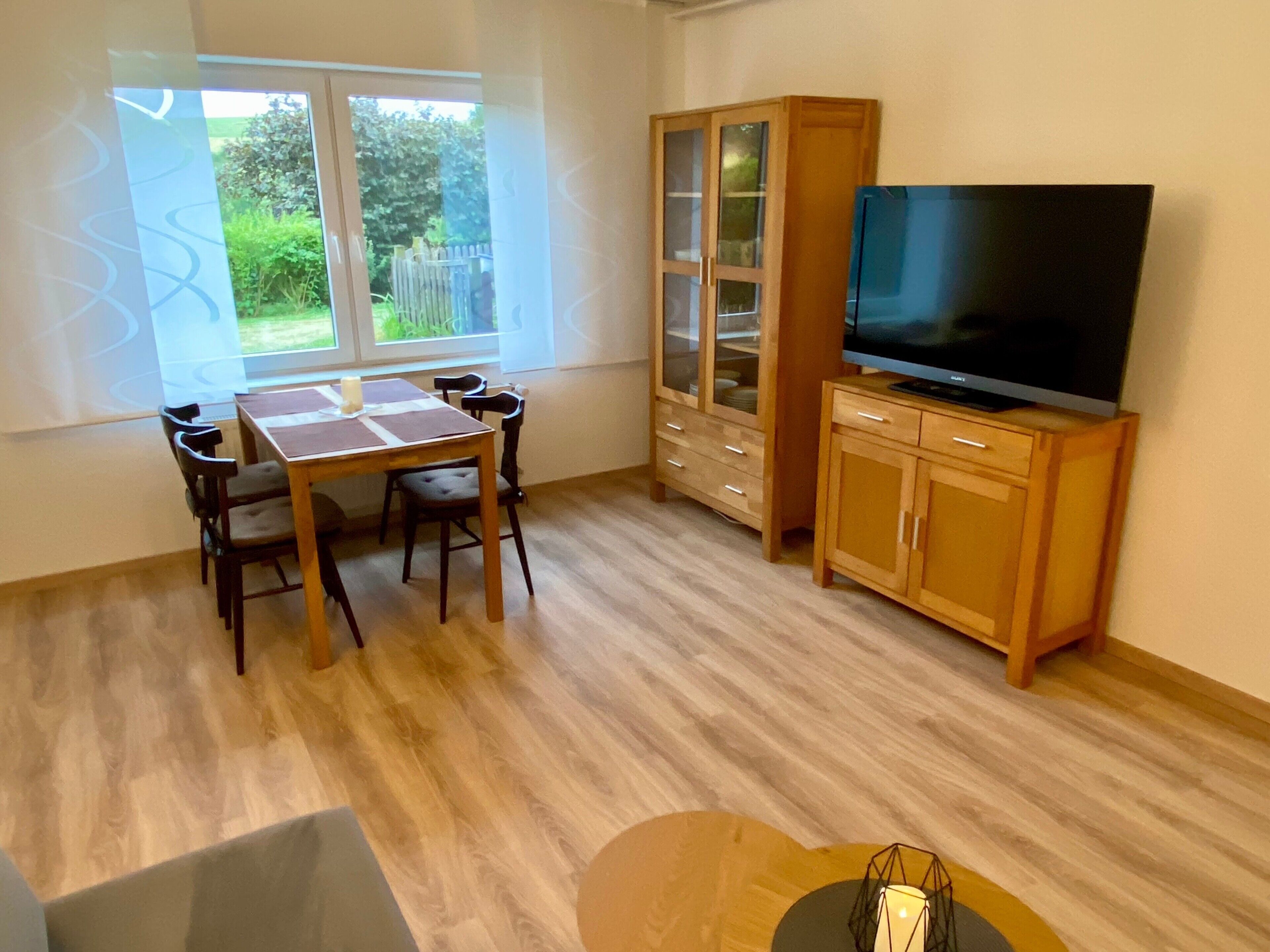 A room with a dining table, chairs, a television on a cabinet, and a window with a view of greenery.