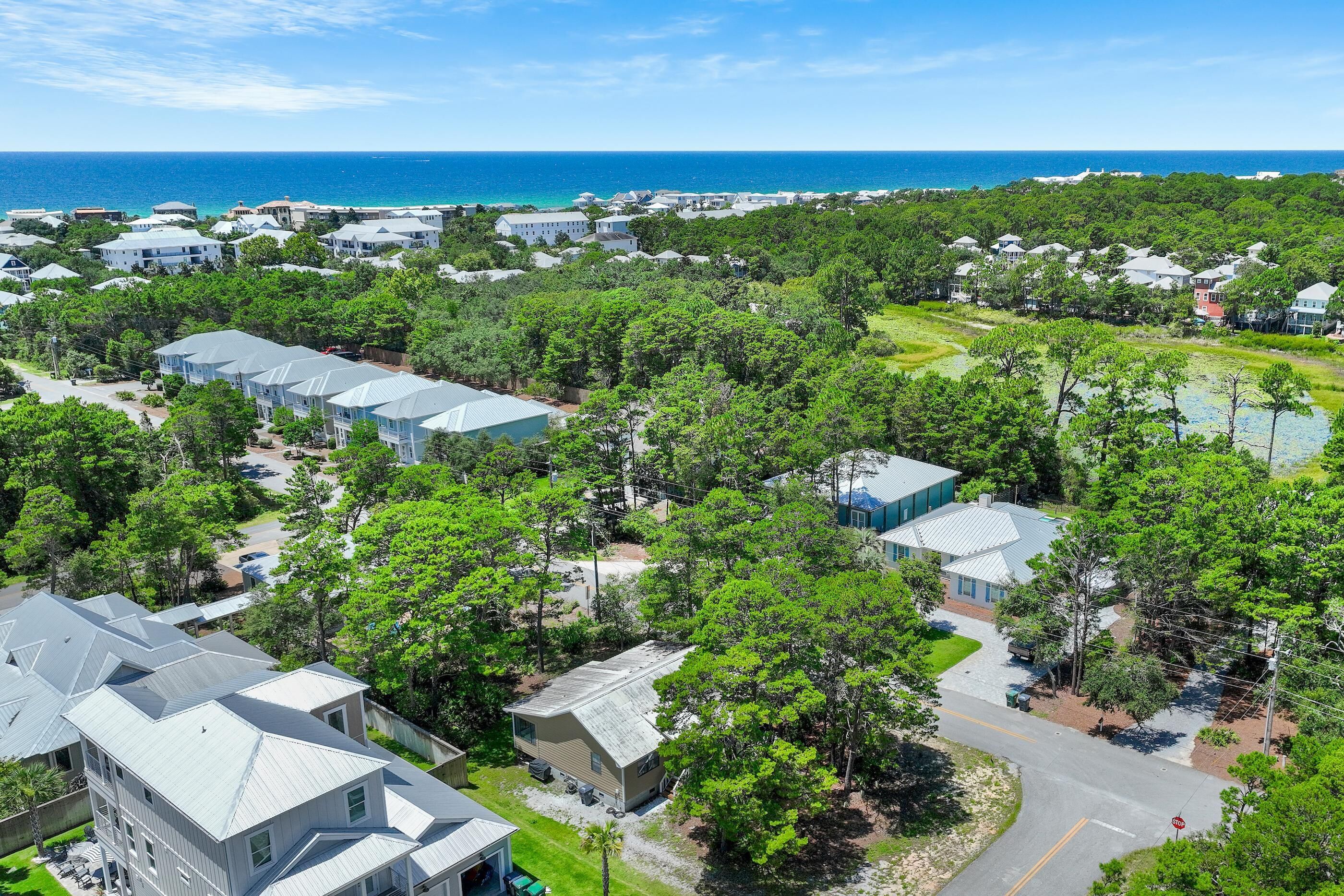 A residential area with multiple houses, a stop sign, and a view of the ocean.