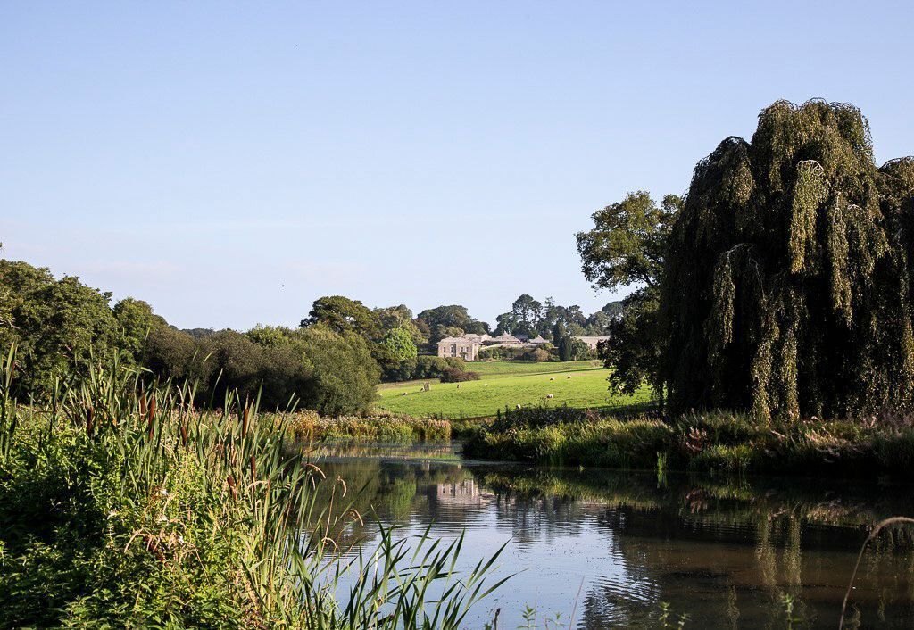A tranquil riverside landscape with a house in the background.