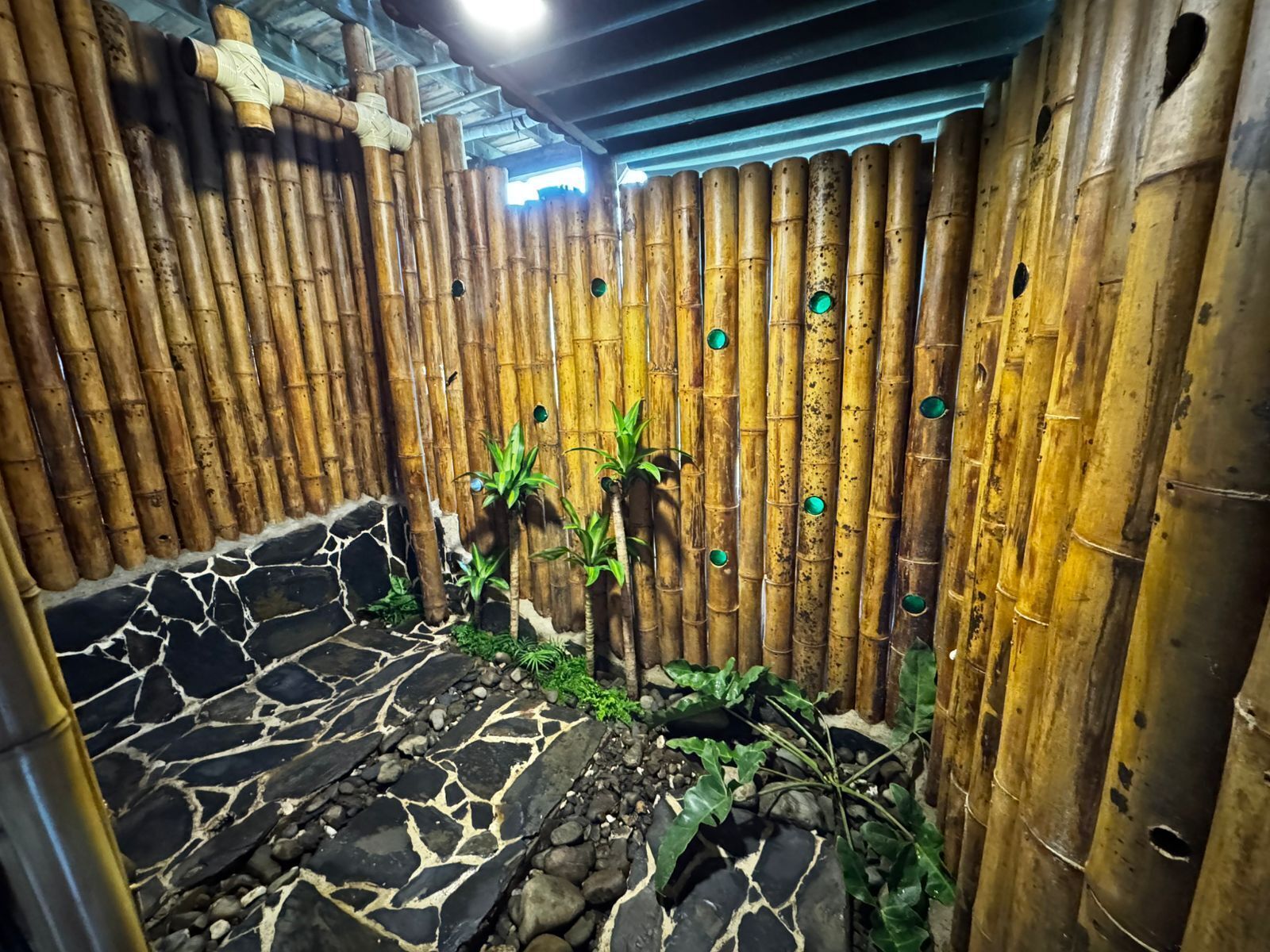 Una habitación con pared de bambú, suelo de piedra y plantas verdes.