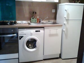 A compact kitchen with a washing machine, a refrigerator, and a sink. - Holiday Home 'Gite Des Carcis' with Mountain View, Private Terrace and Wi-Fi (Ganac)