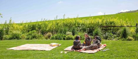 A grassy outdoor area with people sitting on blankets.