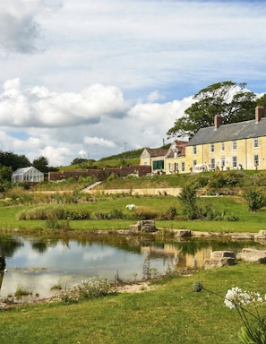 A large, multi-story building with a garden and a pond in front.
