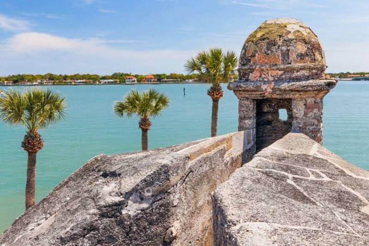 A coastal fort with a stone structure, palm trees, and a clear view of the sea.