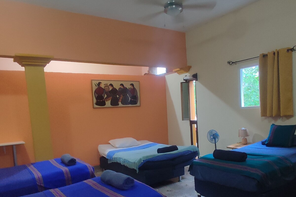 Habitación de hotel con dos camas, ventilador de techo, ventana con cortinas y un cuadro en la pared.