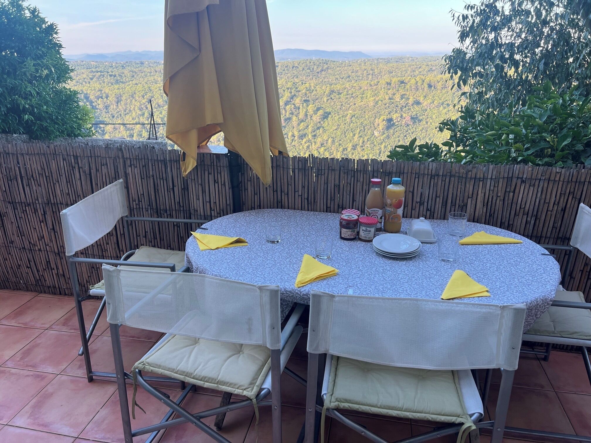 Un espace extérieur aménagé pour les repas, avec une table ronde, des chaises et une vue sur un paysage boisé.