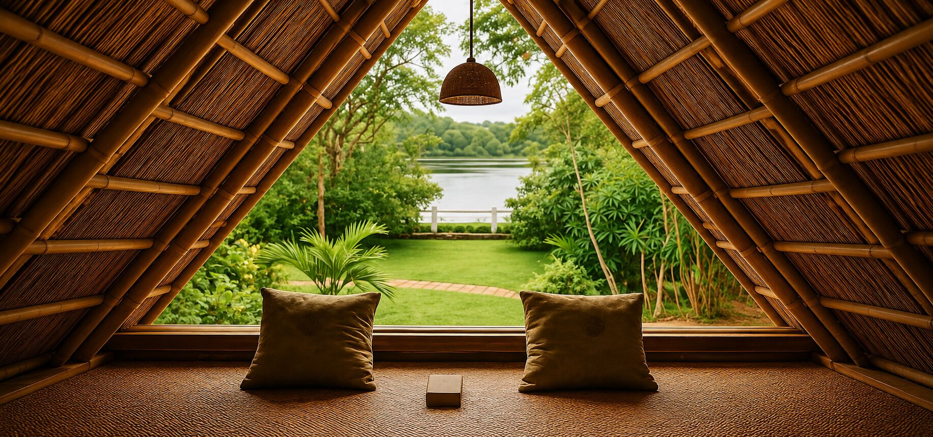 A room with a view of a lake, a hanging light fixture, and two pillows on the floor.