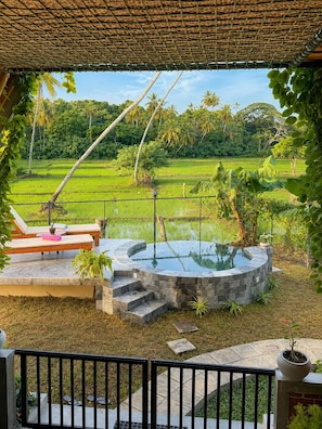 A private pool area with a stone deck, lounge chairs, and a view of a lush green landscape with palm trees.