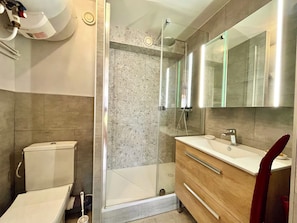 A modern bathroom with a glass-enclosed shower, a toilet, and a vanity with a mirror. - Studio in the heart of Combloux near the lake (Combloux)