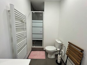 Ein kleines Badezimmer mit Toilette, Dusche und Ablagefach.