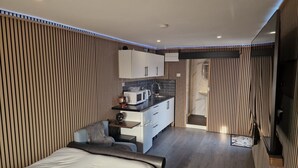 Une chambre moderne dotée d’un grand lit, d’une kitchenette et d’une salle de bain avec douche.
