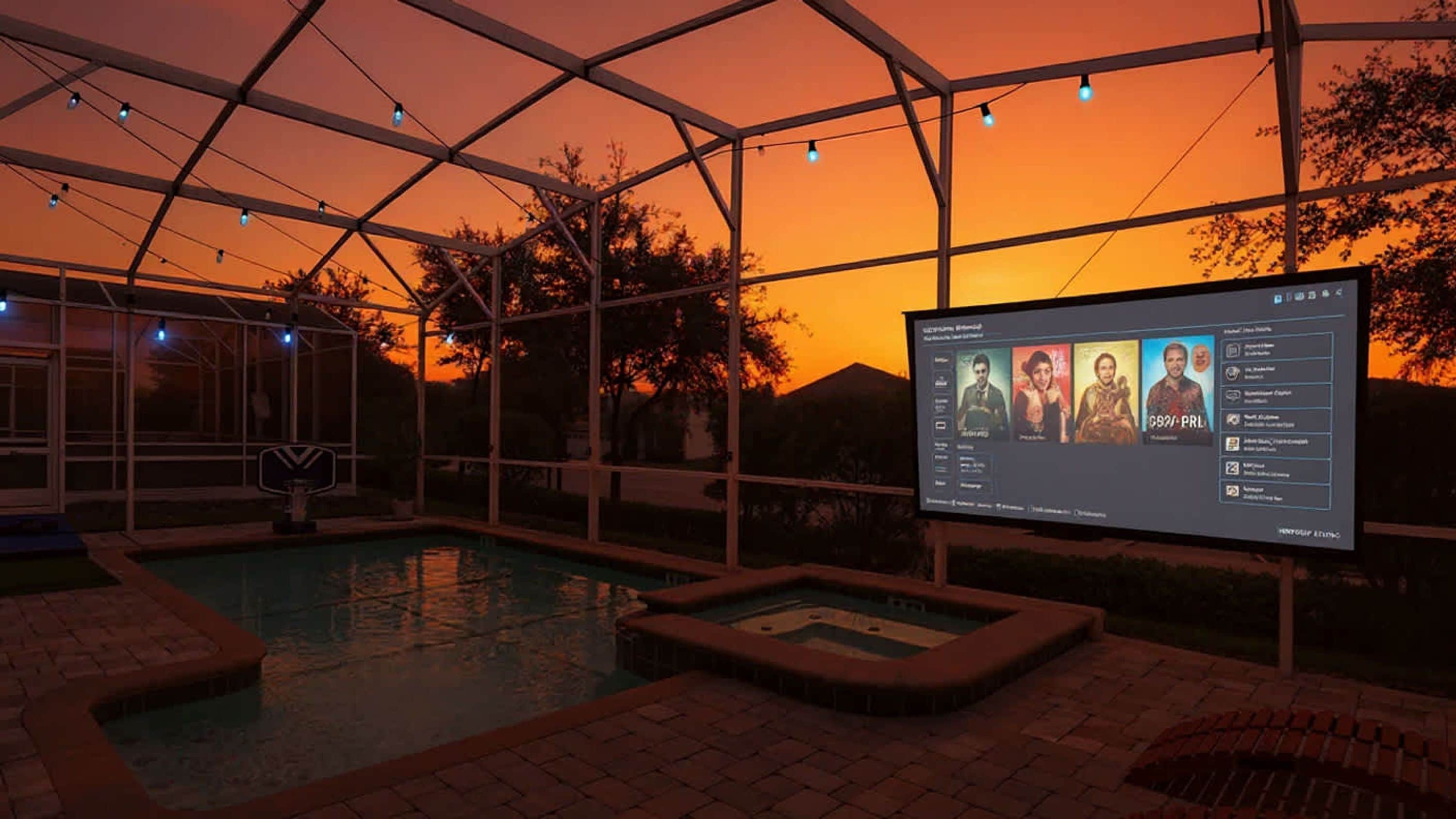 Ein Poolbereich mit transparenter Dachkonstruktion, einer Leinwand, auf der ein Film läuft, und freiem Blick auf den Abendhimmel.