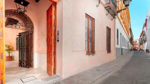 Eine Straße mit Gebäuden im traditionellen Baustil, einem Metallgitter und einem Blumentopf.