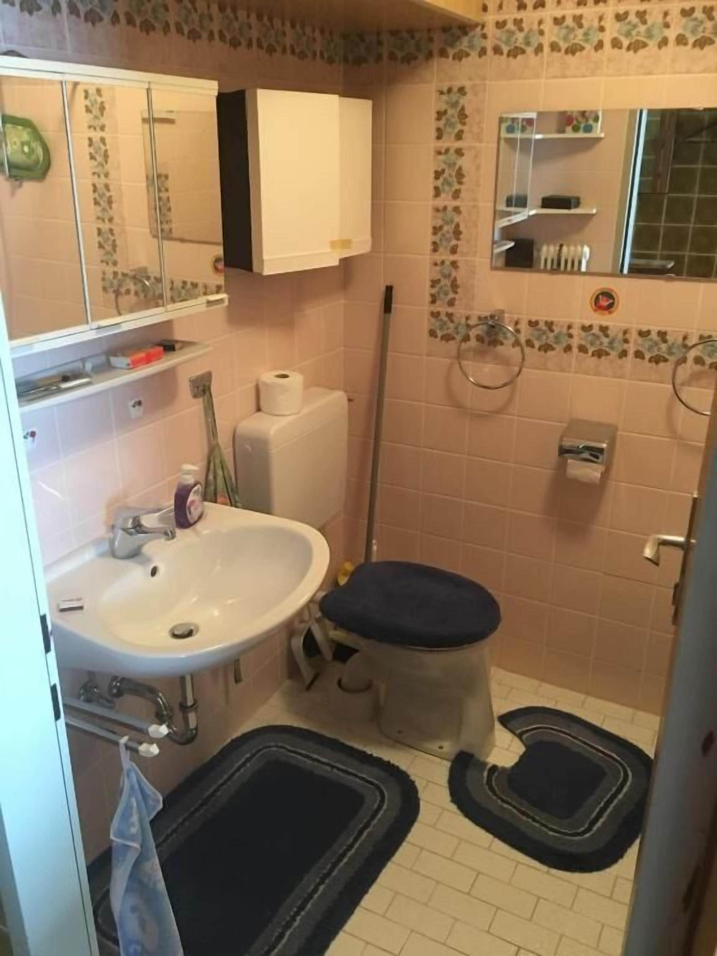 Baño con lavamanos blanco, inodoro, zona de ducha y espejo.