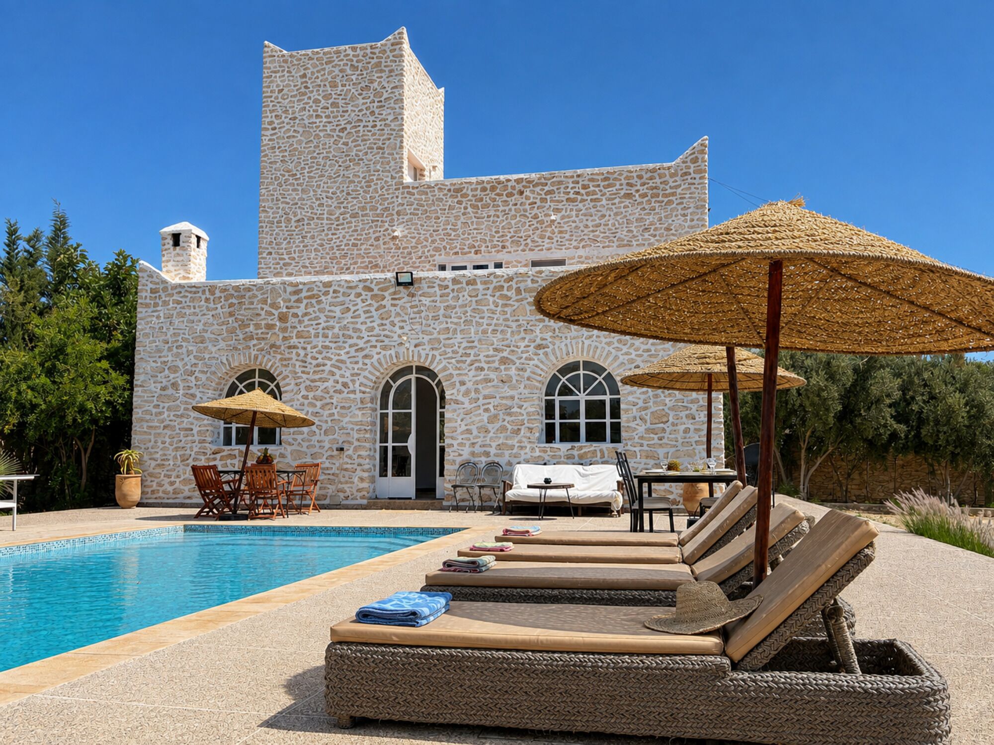 A stone building with a swimming pool, lounge chairs, and umbrellas.
