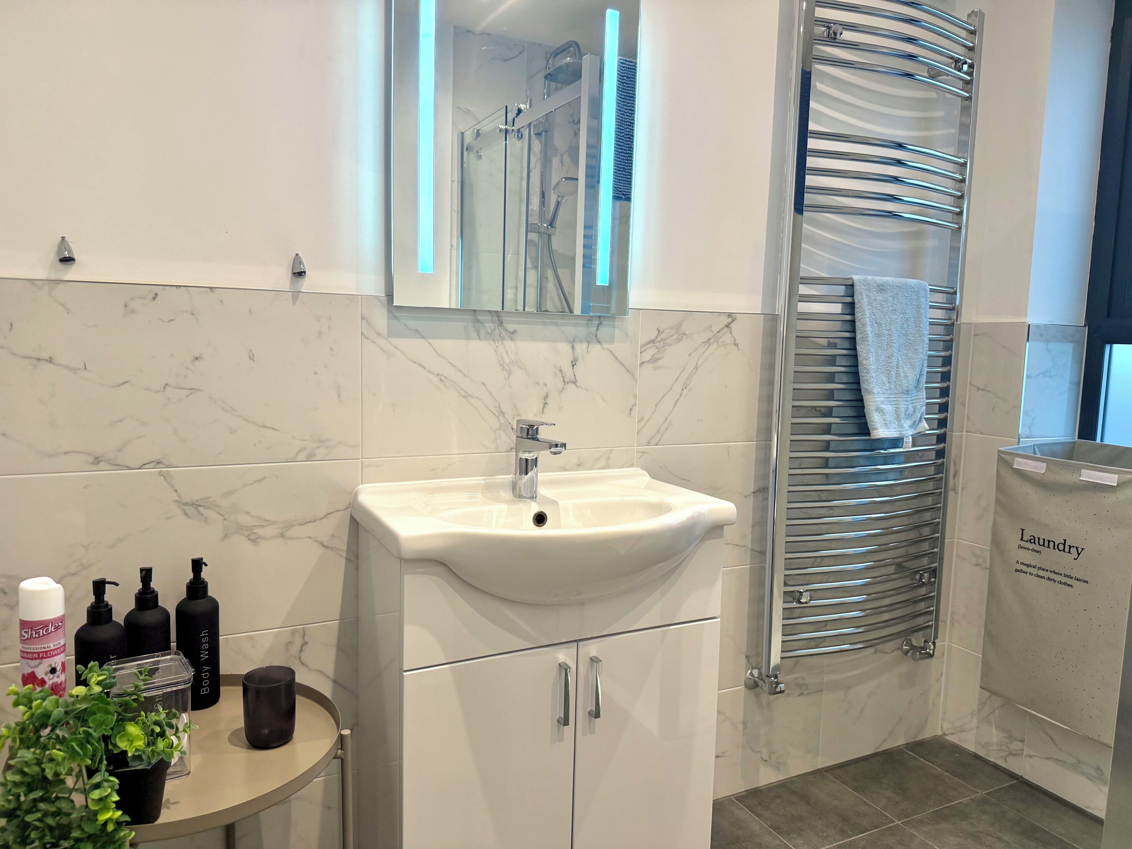 Une salle de bain avec un lavabo blanc, une cabine de douche en verre, un porte-serviettes et une petite plante en pot.