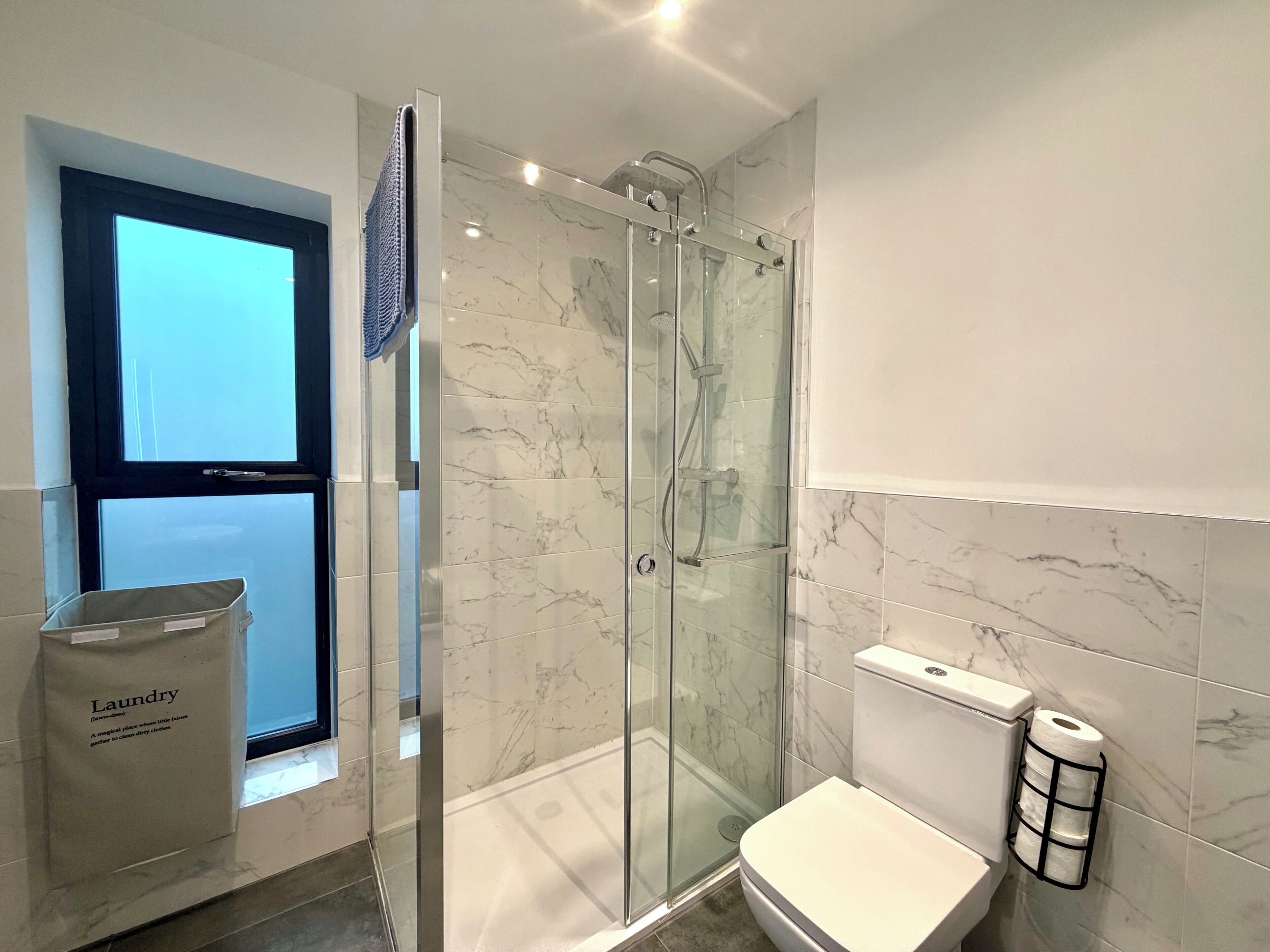 Shower, towels, toilet paper