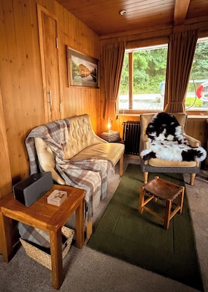 A cozy room with a sofa, a chair, a table, and a radiator.