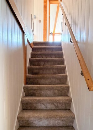 A carpeted staircase with wooden handrails and a white wall with vertical lines.