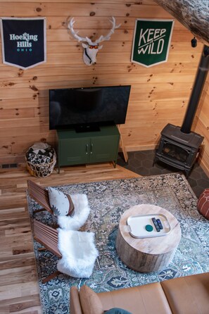 Interior acollidor d'una cabana amb televisió, una llar de foc, un sofà i una catifes amb dibuixos.