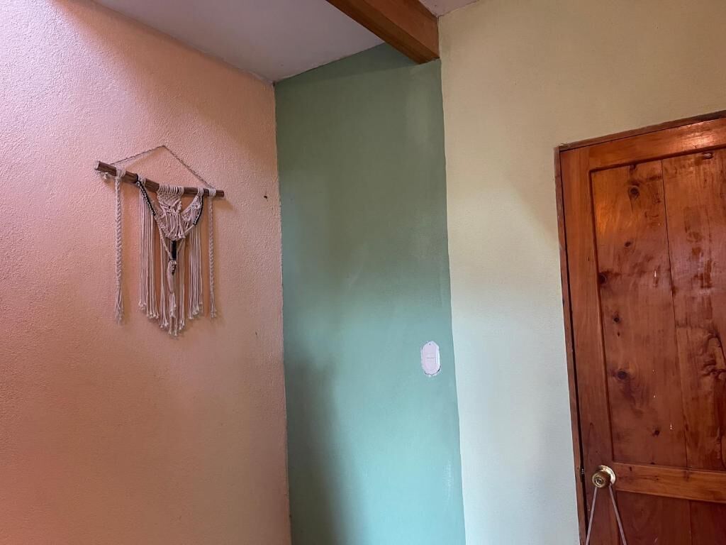 Um quarto com um painel de macramê na parede, uma porta de madeira e parede verde.