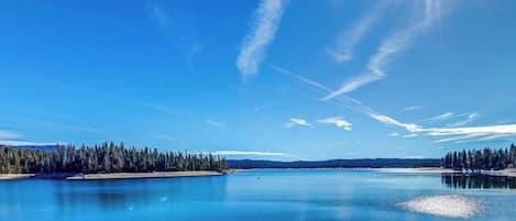 Um lago calmo com céu claro, rodeado por floresta densa.