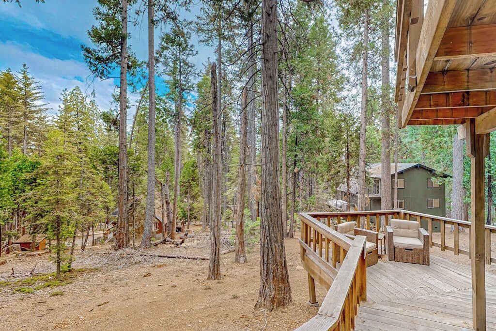 Une terrasse en bois avec des sièges d’extérieur, entourée de grands arbres et avec une cabane en arrière-plan.