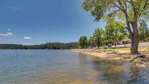 A lakeside property with a sandy beach, a large tree, and a building in the background. - Cozy Cabin - Pine Mountain Lake (Groveland)