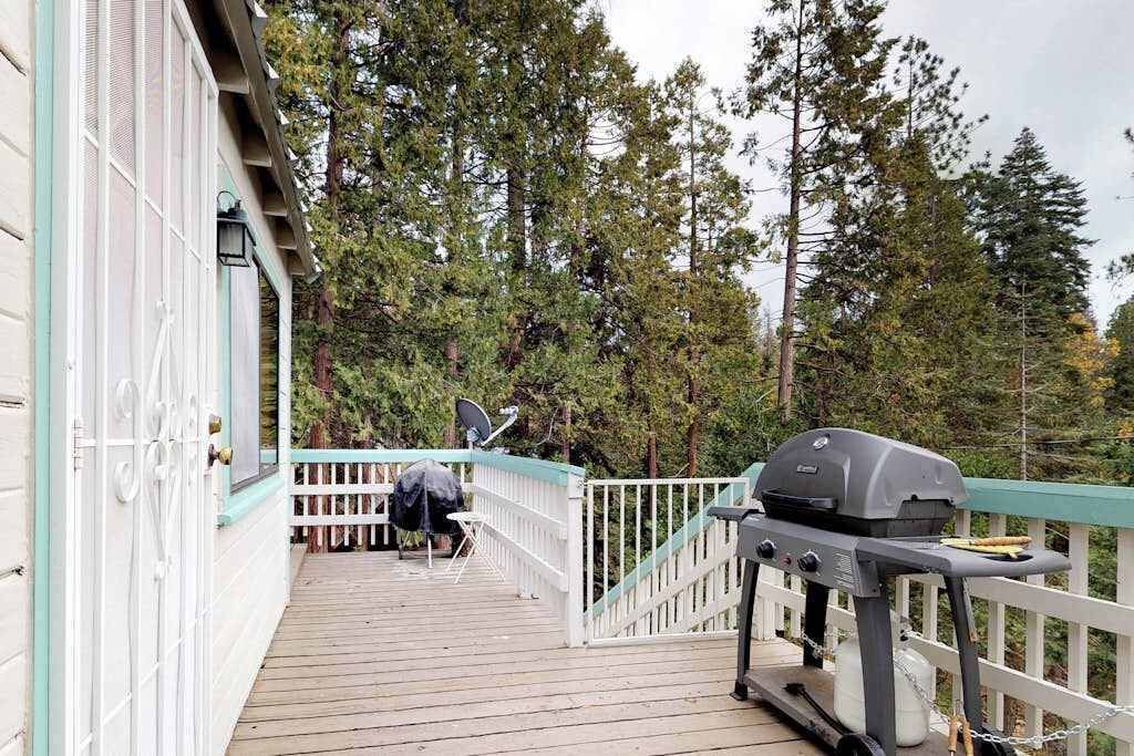A wooden deck with a barbecue grill and a satellite dish, surrounded by trees.