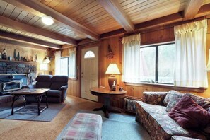 Een gezellig interieur van een chalet met een open haard, zithoek en een raam met gordijnen.