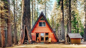 Metsäisellä alueella sijaitseva mökki, jossa on kolmiomainen katto, etukuisti ja pieni, mökkiin viereen rakennettu varasto.