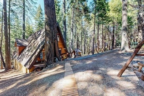 A forested area with wooden cabins, a wooden walkway, and a clear sky. - Under The Trees - Big Trees Village (Camp Connell)