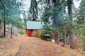 A cabin with a sloped roof, surrounded by dense forest. - Deaver's Cabin - Dogwood Mountain (Shaver Lake)
